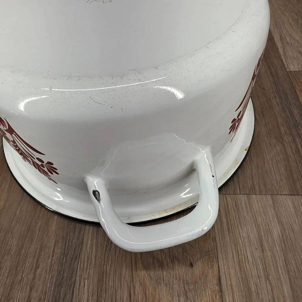 Vintage Floral Enamelware Stock Pot White Brown 24cm Retro Dutch Oven with Lid